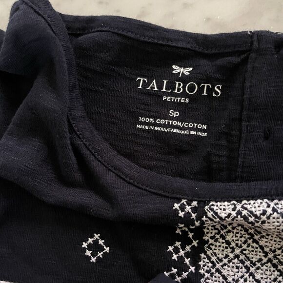 TALBOTS TOP Womens Size S Petite Short Sleeve Navy Cross stitch Cotton Tee - Picture 8 of 8